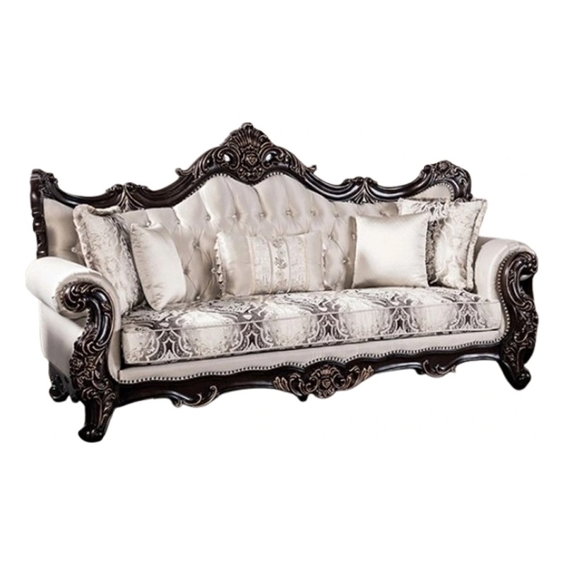 Benjara Puhi Sofa w Accent Pillows- Beige Fabric- Ornate Carved Wood- 95 Inch