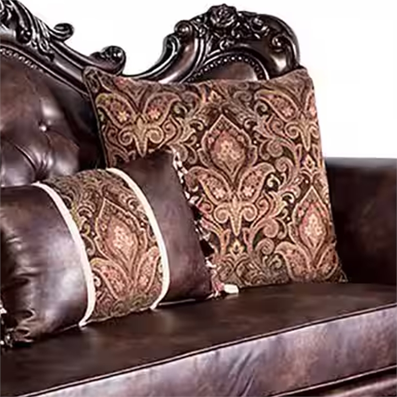 Benjara Puhi Loveseat w Accent Pillows- Brown Faux Leather- Ornate Carved 70