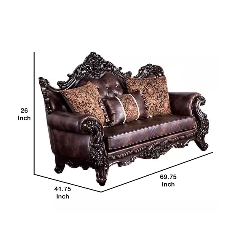 Benjara Puhi Loveseat w Accent Pillows- Brown Faux Leather- Ornate Carved 70