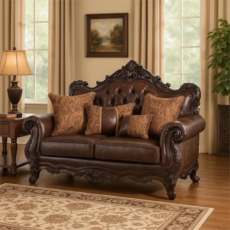 Benjara Puhi Loveseat w Accent Pillows- Brown Faux Leather- Ornate Carved 70