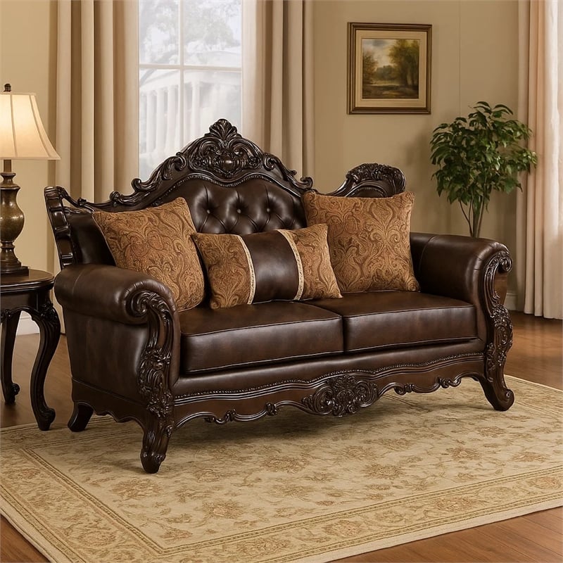 Benjara Puhi Loveseat w Accent Pillows- Brown Faux Leather- Ornate Carved 70