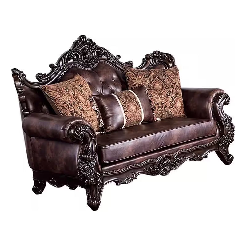 Benjara Puhi Loveseat w Accent Pillows- Brown Faux Leather- Ornate Carved 70