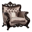 Benjara Aboi Armchair w Pillow- Brown Velvet- Ornate Carved Dark Cherry Wood