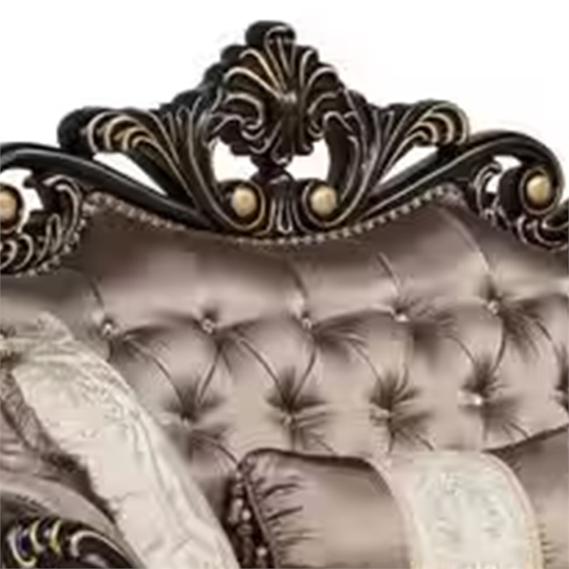 Benjara Aboi Loveseat w Pillows-Brown Velvet-Ornate Carved Dark Cherry Wood-70