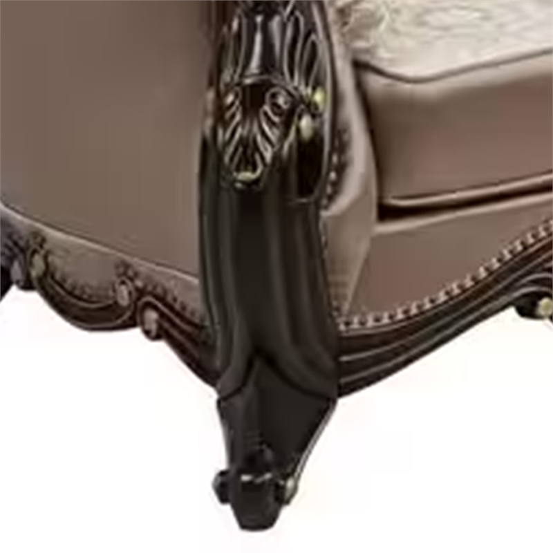 Benjara Aboi Loveseat w Pillows-Brown Velvet-Ornate Carved Dark Cherry Wood-70