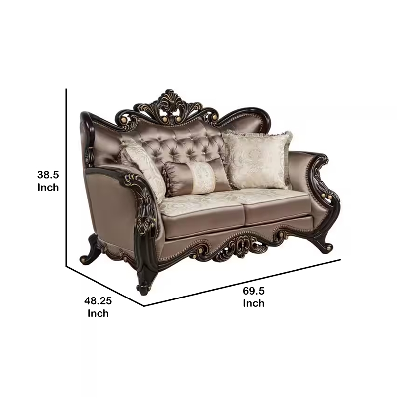 Benjara Aboi Loveseat w Pillows-Brown Velvet-Ornate Carved Dark Cherry Wood-70