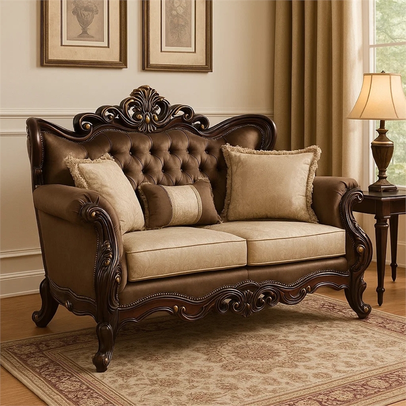 Benjara Aboi Loveseat w Pillows-Brown Velvet-Ornate Carved Dark Cherry Wood-70