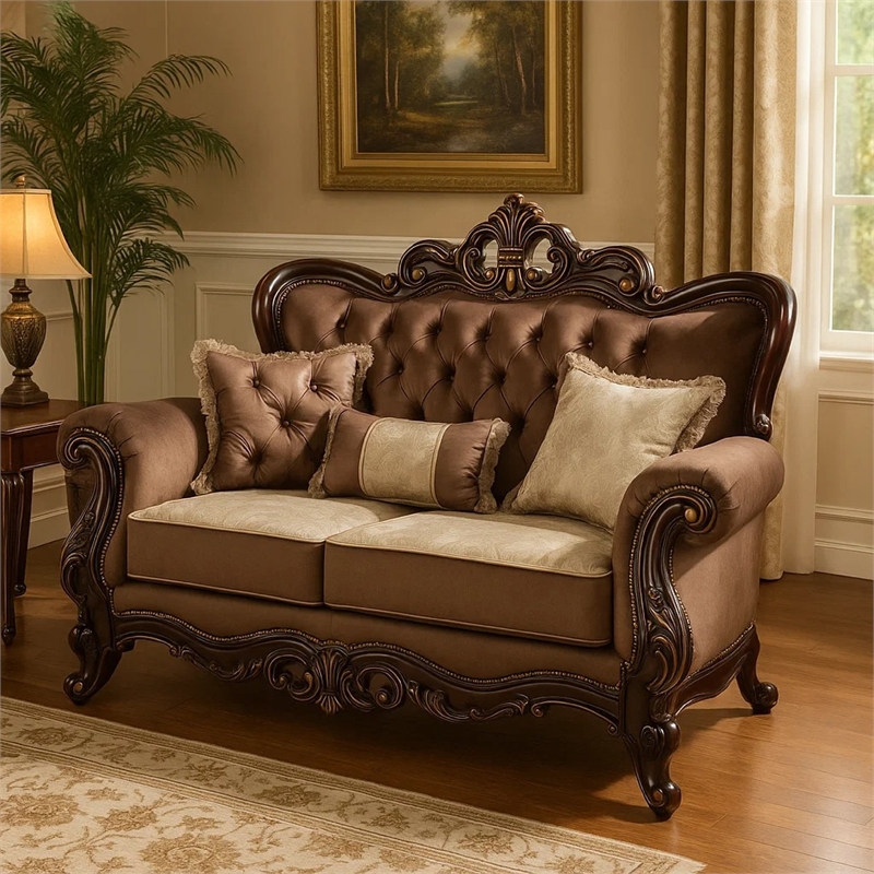 Benjara Aboi Loveseat w Pillows-Brown Velvet-Ornate Carved Dark Cherry Wood-70