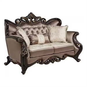 Benjara Aboi Loveseat w Pillows-Brown Velvet-Ornate Carved Dark Cherry Wood-70&quot