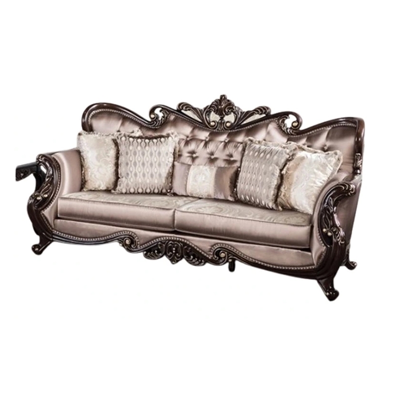 Benjara Aboi Sofa w 5 Pillows- Brown Velvet- Carved Dark Cherry Wood- 95 Inch