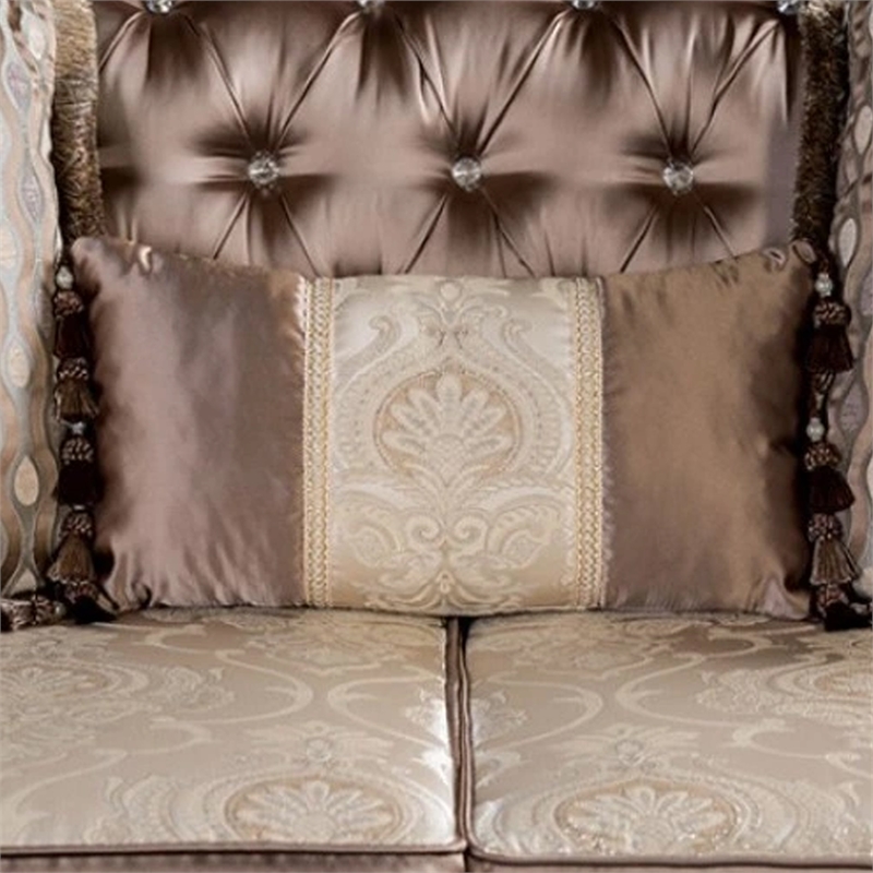 Benjara Aboi Sofa w 5 Pillows- Brown Velvet- Carved Dark Cherry Wood- 95 Inch