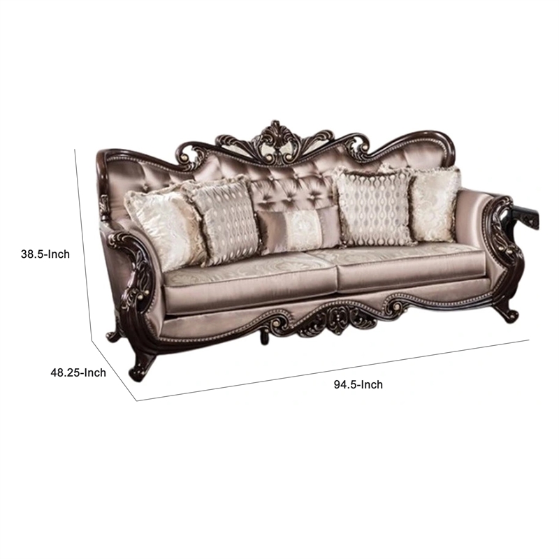 Benjara Aboi Sofa w 5 Pillows- Brown Velvet- Carved Dark Cherry Wood- 95 Inch