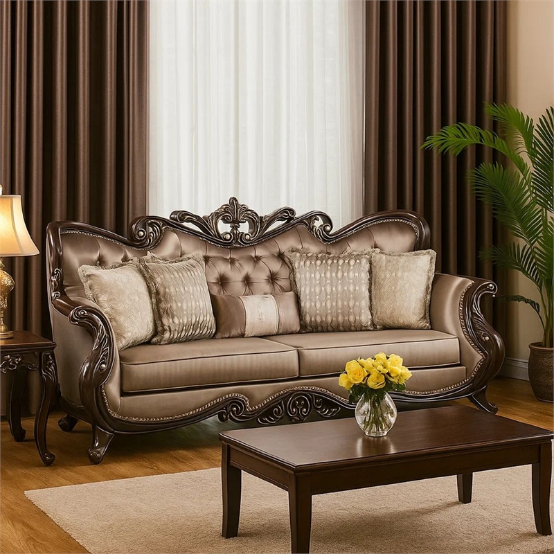Benjara Aboi Sofa w 5 Pillows- Brown Velvet- Carved Dark Cherry Wood- 95 Inch