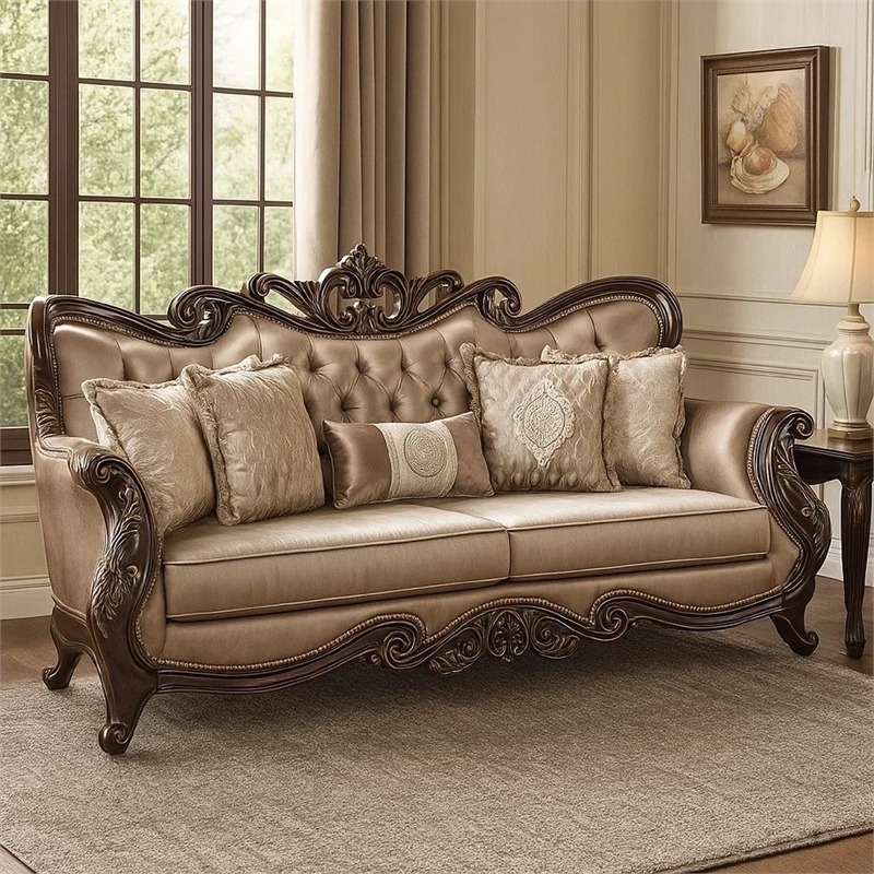 Benjara Aboi Sofa w 5 Pillows- Brown Velvet- Carved Dark Cherry Wood- 95 Inch