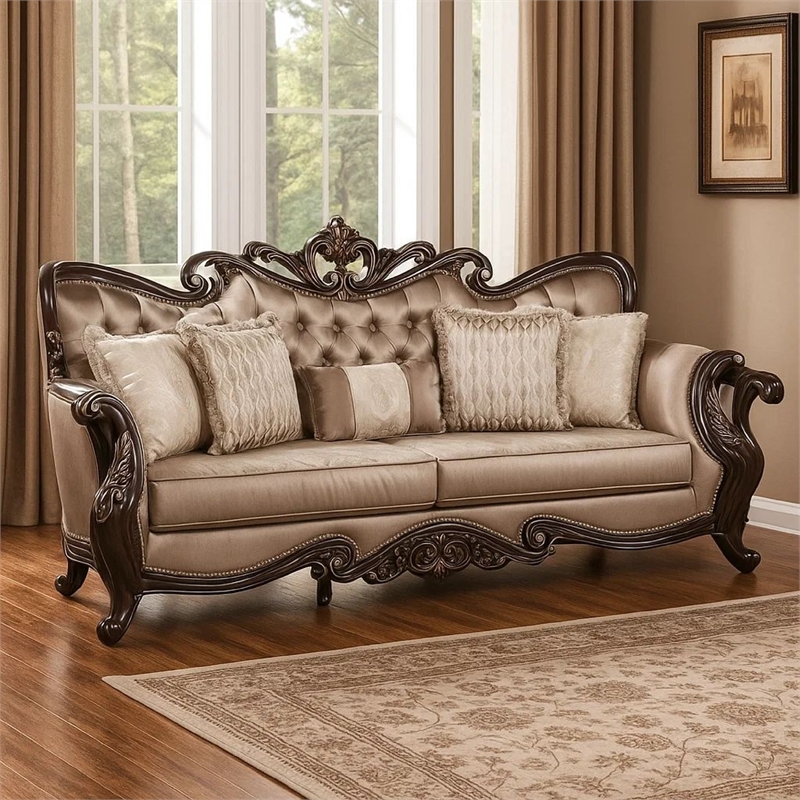 Benjara Aboi Sofa w 5 Pillows- Brown Velvet- Carved Dark Cherry Wood- 95 Inch