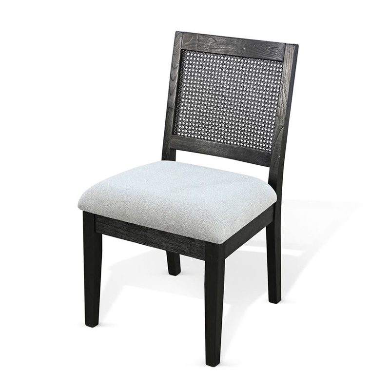 Benjara Zemi Dining Chair Set of 2- Rattan Back- Beige Seat- Black Solid Wood