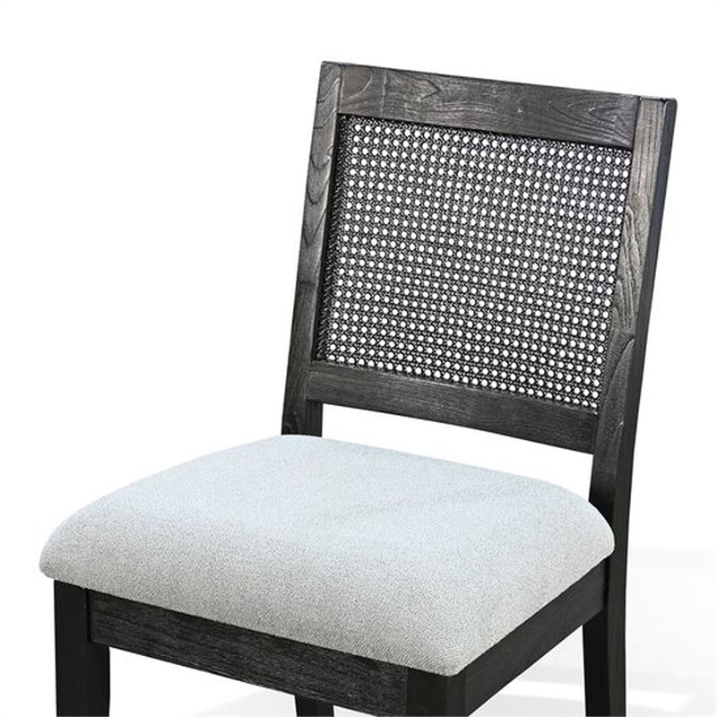 Benjara Zemi Dining Chair Set of 2- Rattan Back- Beige Seat- Black Solid Wood