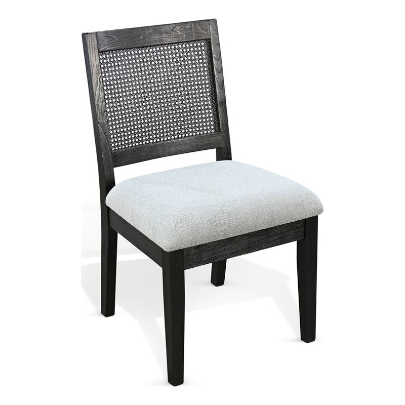 Benjara Zemi Dining Chair Set of 2- Rattan Back- Beige Seat- Black Solid Wood