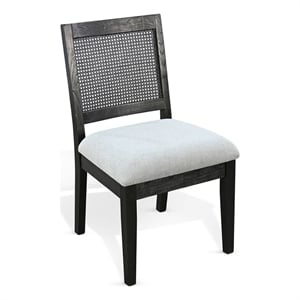 Benjara Zemi Dining Chair Set of 2- Rattan Back- Beige Seat- Black Solid Wood