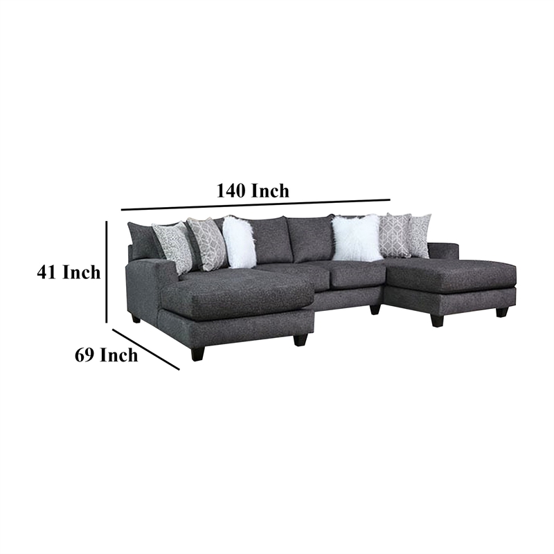 Benjara Jimi Sectional Sofa- Charcoal Gray- 6 Pillows- Solid Wood- 140 Inch