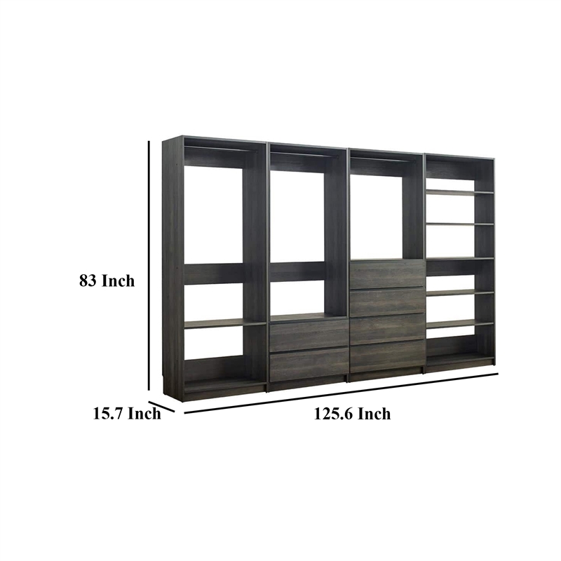 Benjara Dee Modular Closet System- 10 Shelf- 3 Hanging Rods- Gray Wood Finish
