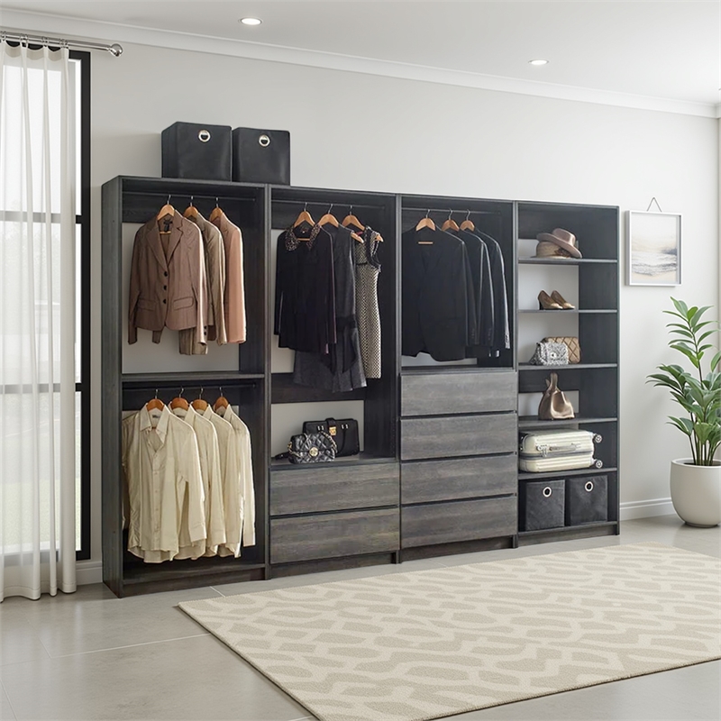 Benjara Dee Modular Closet System- 10 Shelf- 3 Hanging Rods- Gray Wood Finish