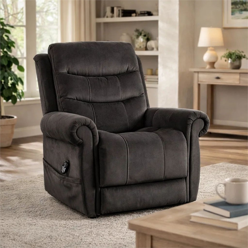 Benjara Power Lift Chair with Heat and Massage- Dark Gray Fabric- USB Port