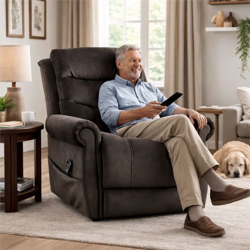 Benjara Power Lift Chair with Heat and Massage- Dark Gray Fabric- USB Port