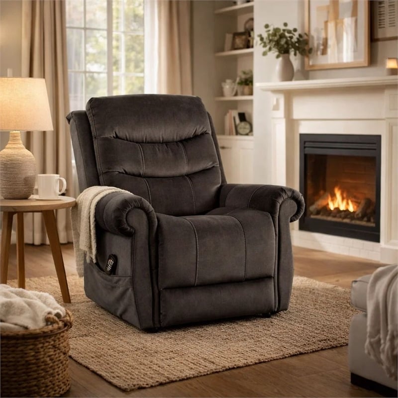Benjara Power Lift Chair with Heat and Massage- Dark Gray Fabric- USB Port
