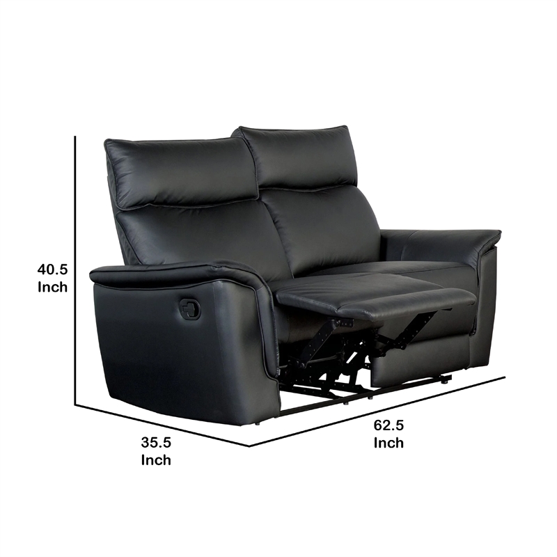 Benjara Lenne Loveseat- Black Faux Leather- Manual Recliner- 63 Inch