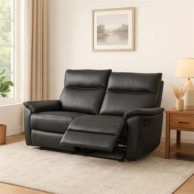 Benjara Lenne Loveseat- Black Faux Leather- Manual Recliner- 63 Inch