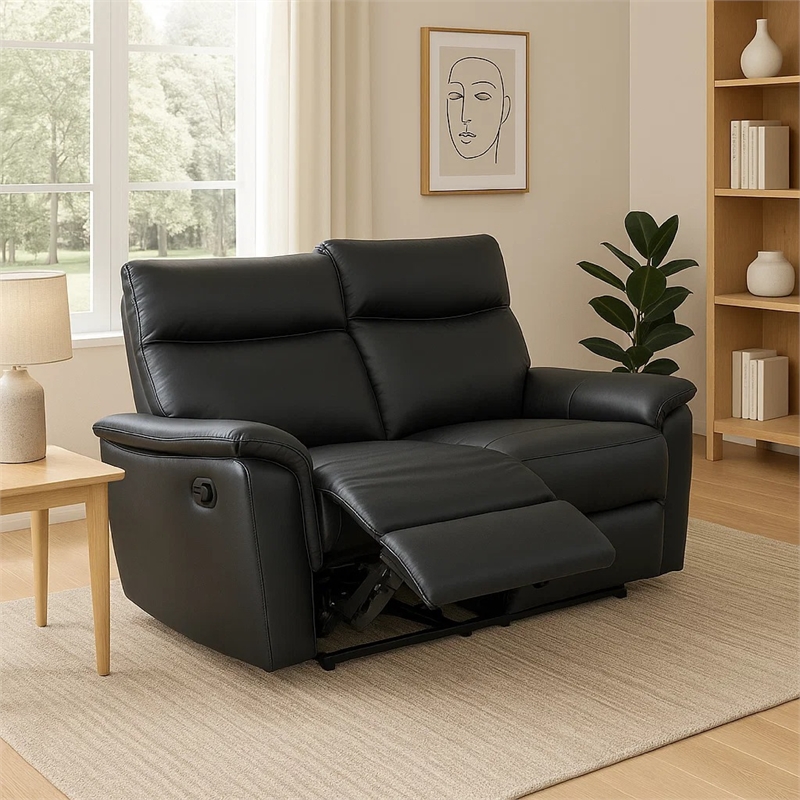 Benjara Lenne Loveseat- Black Faux Leather- Manual Recliner- 63 Inch