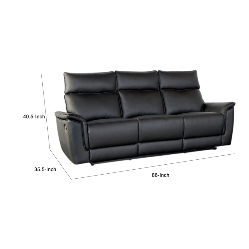 Benjara Lenne Sofa- Black Faux Leather- Manual Reclining Mechanism- 86 Inch