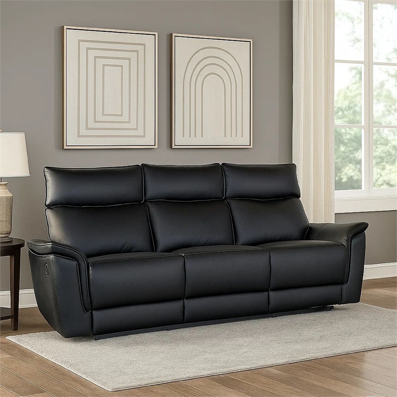 Benjara Lenne Sofa- Black Faux Leather- Manual Reclining Mechanism- 86 Inch