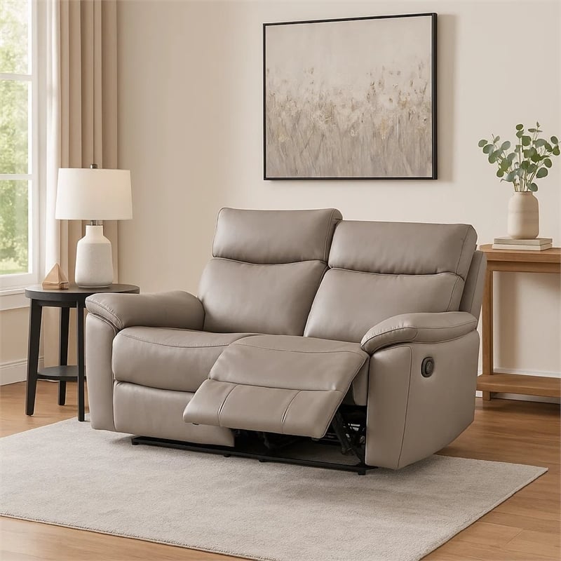Benjara Lenne Loveseat- Taupe Gray Faux Leather- Manual Recliner- 63 Inch