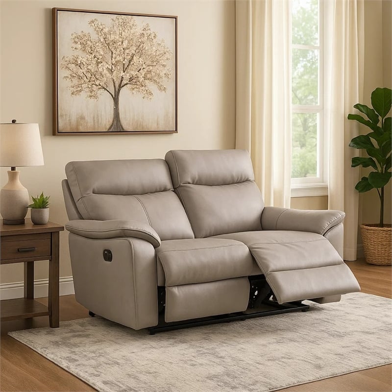Benjara Lenne Loveseat- Taupe Gray Faux Leather- Manual Recliner- 63 Inch