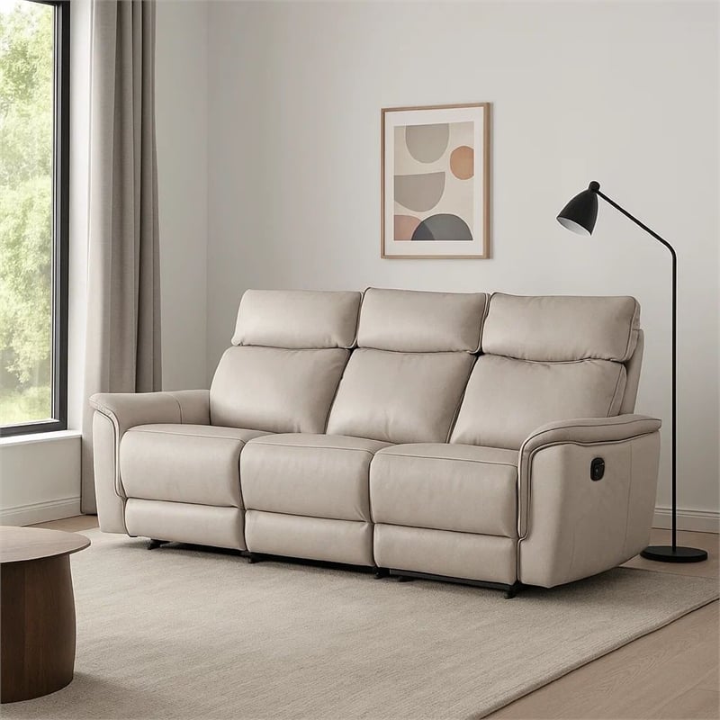 Benjara Lenne Sofa- Taupe Gray Faux Leather- Manual Reclining Mechanism- 86 Inch