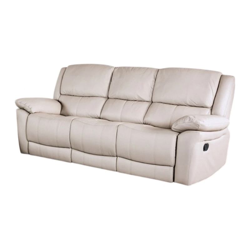 Benjara Larus Sofa- Manual Reclining Mechanism- Off White Faux Leather- 82 Inch