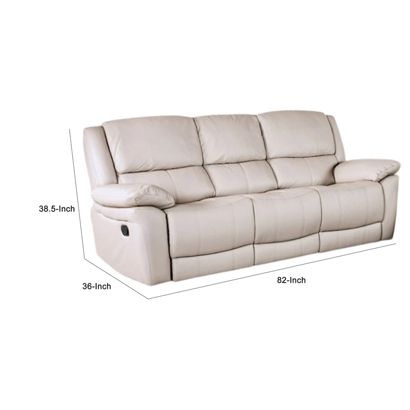 Benjara Larus Sofa- Manual Reclining Mechanism- Off White Faux Leather- 82 Inch