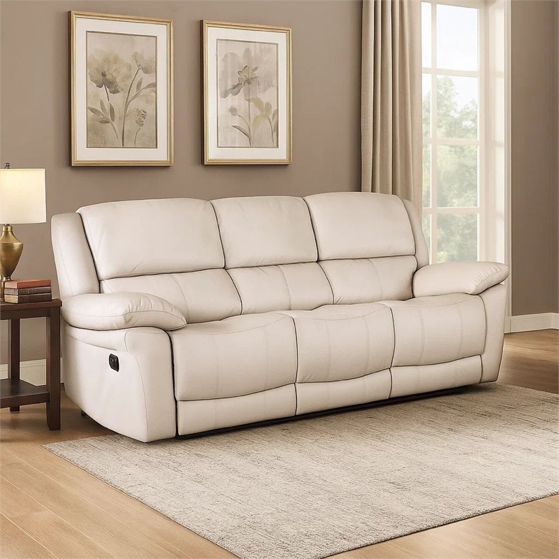 Benjara Larus Sofa- Manual Reclining Mechanism- Off White Faux Leather- 82 Inch
