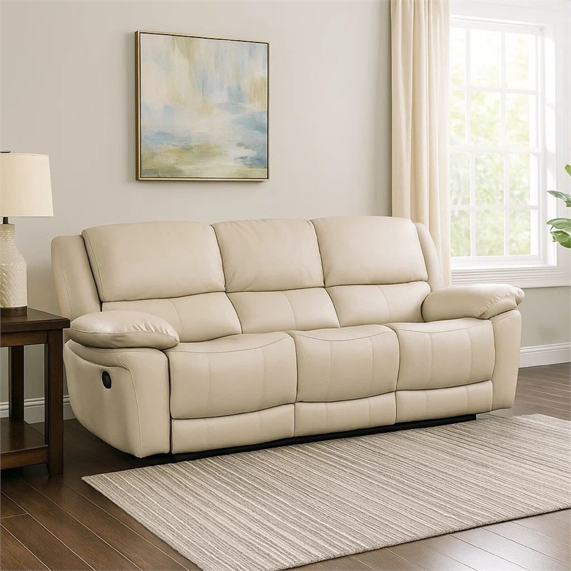 Benjara Larus Sofa- Manual Reclining Mechanism- Off White Faux Leather- 82 Inch