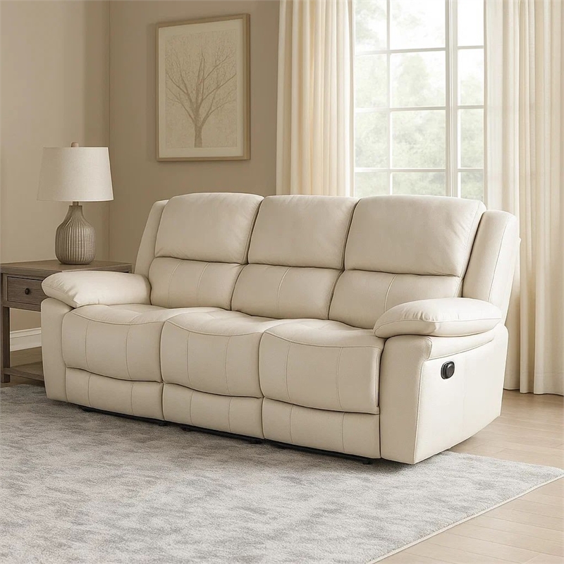 Benjara Larus Sofa- Manual Reclining Mechanism- Off White Faux Leather- 82 Inch