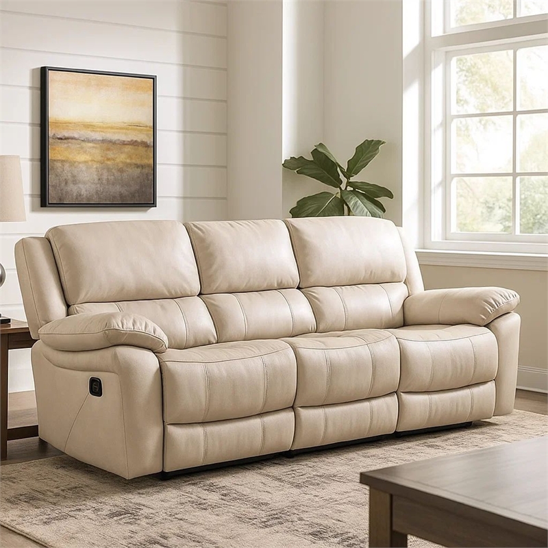 Benjara Larus Sofa- Manual Reclining Mechanism- Off White Faux Leather- 82 Inch