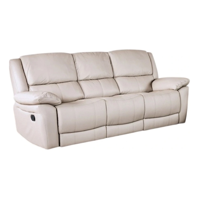 Benjara Larus Sofa- Manual Reclining Mechanism- Off White Faux Leather- 82 Inch