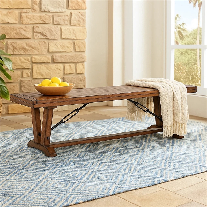 Benjara Yael Industrial Bench- Trestle Base- 70