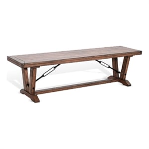 Benjara Yael Industrial Bench- Trestle Base- 70&quot Rustic Brown Solid Wood