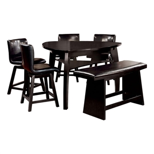 Benjara Leya 6pc Counter Height Table-Swivel Chair-Bench Set-Black Faux Leather