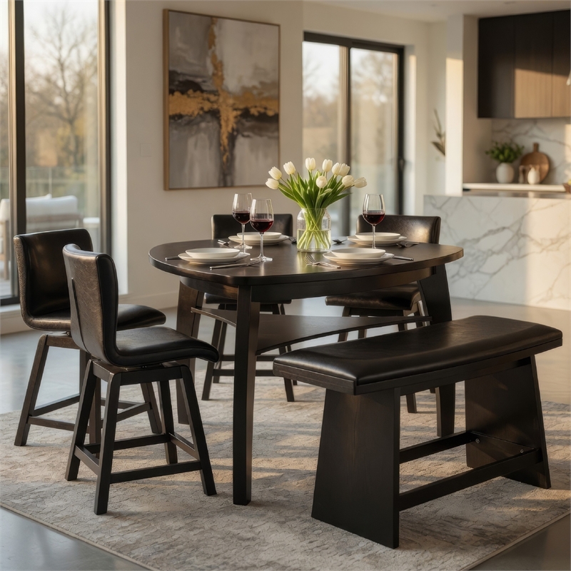 Benjara Leya 7pc Counter Table and Chair Set- Black Faux Leather- Solid Wood