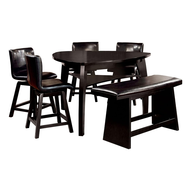 Benjara Leya 7pc Counter Table and Chair Set- Black Faux Leather- Solid Wood