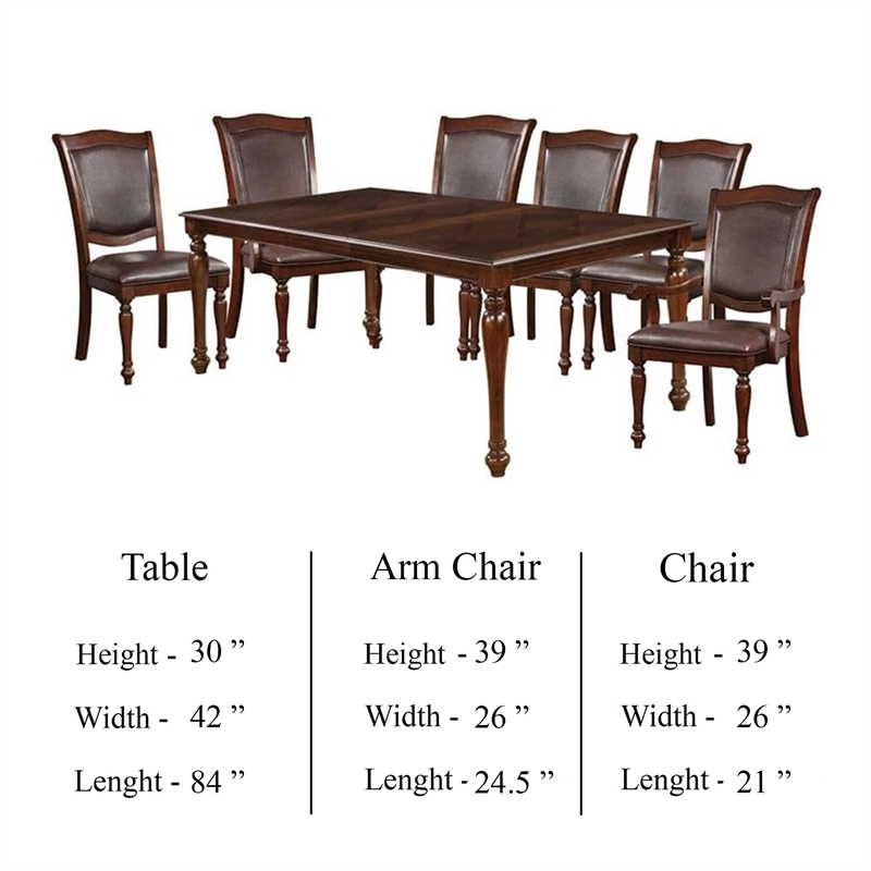 Benjara Veni 7pc Dining Table and Chair Set- Cherry Brown Wood- Faux Leather